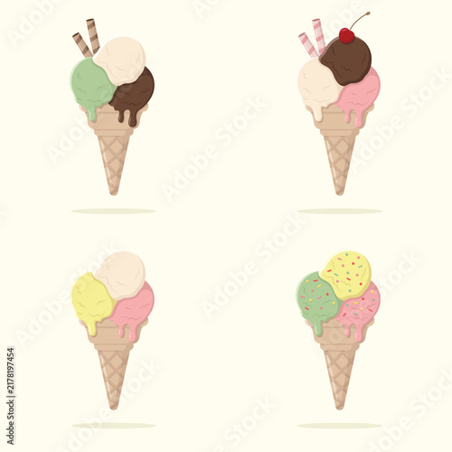 Cute set of ice cream scoops in waffle cones. Summer dessert vector illustration.