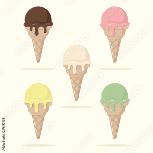 Cute set of ice cream scoops in waffle cones. Summer dessert vector illustration.