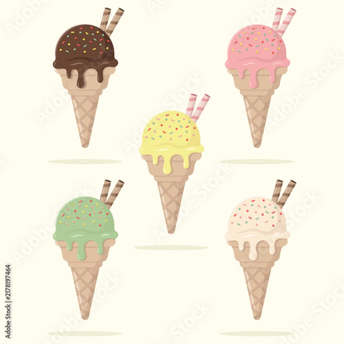 Cute set of ice cream scoops in waffle cones with wafer rolls and sprinkles dripping. Summer dessert vector illustration.
