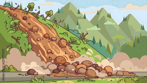 Mountain Landslide Disaster Cartoon Graphic Illustration with Mud Boulders Sliding Down Hillside onto Road Isolated Vector Art