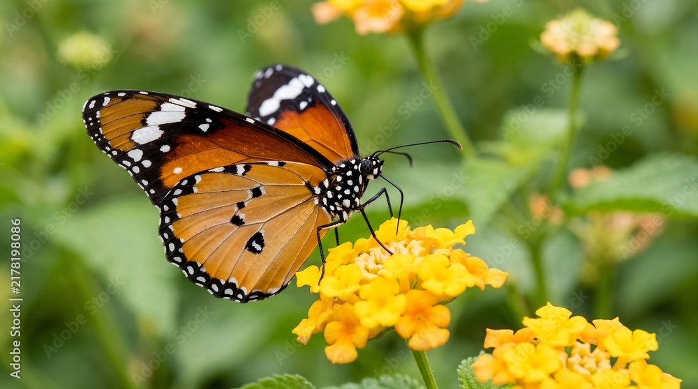 Obraz premium Orange Butterfly Feeding on Yellow Flowers in a Green Garden, Close-Up Nature Background