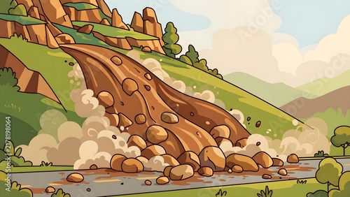 Mountain Landslide Disaster Cartoon Graphic Illustration with Mud Boulders Sliding Down Hillside onto Road Isolated Vector Art
