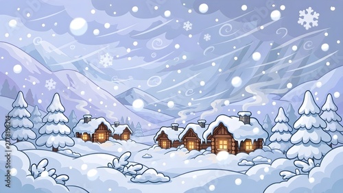 Cute Cartoon Winter Blizzard Illustration with Snow Covered Wooden Cabins Pine Trees and Falling Snowflakes Vector Landscape