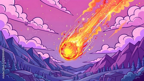 Cartoon Meteor Impact Vector Illustration with Fiery Asteroid over Stylized Mountain Valley in Twilight Sky