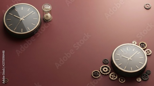Two round wall clocks with hourglass and metal gears on dark red background