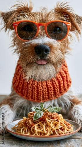 Cute dog in a red scarf and glasses eats spaghetti with tomato sauce.