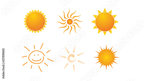 Foto Collection of sun illustrations with varying ray styles on a white background