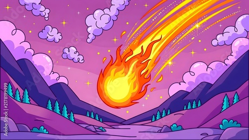 Cartoon Meteor Impact Vector Illustration with Fiery Asteroid over Stylized Mountain Valley in Twilight Sky