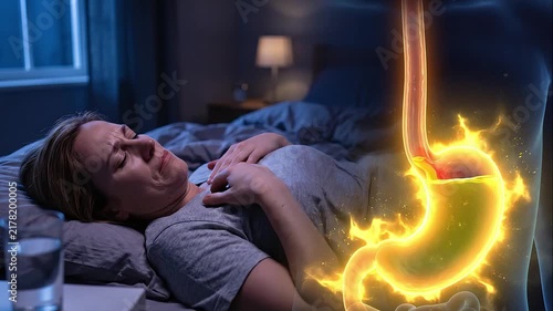 Woman Waking Up in Pain from Nighttime Heartburn with Glowing Stomach Graphic