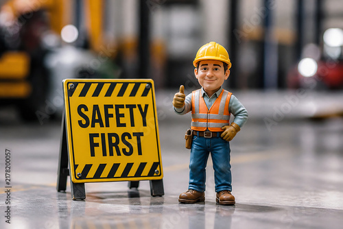 A young boy wearing a hard hat and safety vest stands next to a 