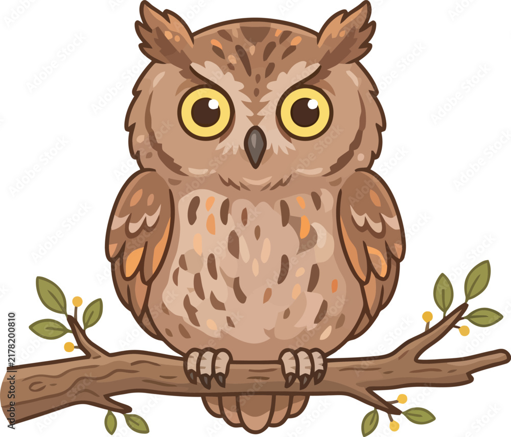 Obraz premium A detailed cartoon illustration of a brown owl perched on a tree branch.