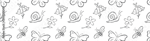 Hand-drawn cottagecore seamless pattern featuring butterflies, bees, snails, wildflowers and delicate botanical elements. Minimal black line art on a light background with a charming countryside and g