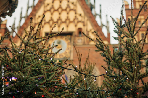 Christmas trees with string lights, with the Wroclaw Town Hall in the background, Poland.