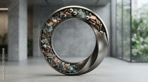 Cutaway view of ball bearing filled with metal debris and fragments industrial concept