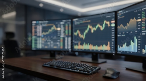 Financial trading desk with multiple monitors displaying stock market charts and data analytics. Professional office workspace features a blurred background and a computer keyboard.