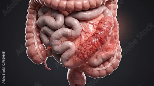 Woman Suffering from Abdominal Pain with Glowing Inflamed Intestine 3D Overlay