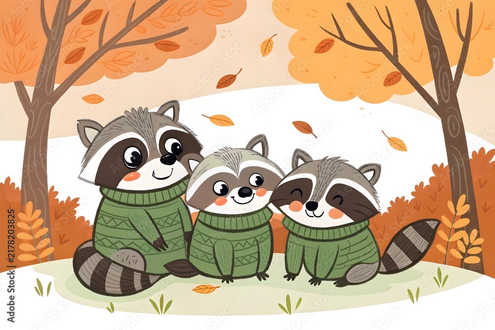 Obraz premium Three cute raccoons sitting together in autumn forest