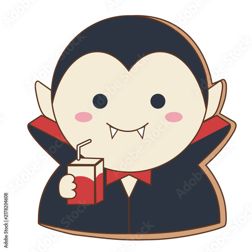 Foto Cute Halloween vampire drinking juice box with straw cookie vector illustration