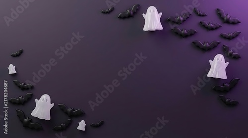 Halloween background with white ghosts and black bats on dark purple