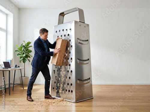 Businessman shredding cardboard box with a giant cheese grater.