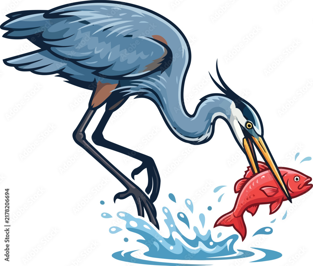 Obraz premium A blue heron catching a red fish from the water.