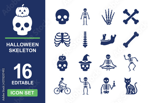 Halloween skeleton solid silhouette icon set vector