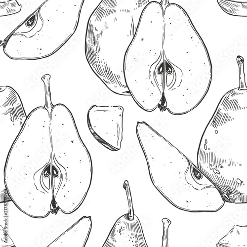 Seamless pattern of pears, pear halves, and fruit slices. All objects are hand-drawn in ink. Botanical drawing for fabrics, wallpaper, packaging and kitchen design. Vector illustration