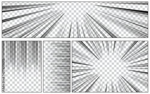 Comic book page background with radial, dotted, halftone effects, circles, slanted lines in pop art style. Blank horizontal template. Vector illustration