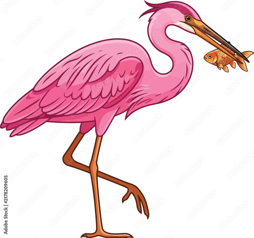 Obraz premium A vibrant pink heron illustration holding a small golden fish in its beak.