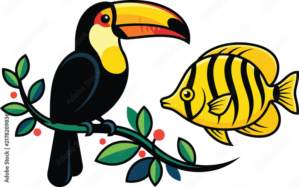 Obraz premium A colorful toucan perched on a leafy branch next to a vibrant yellow striped tropical fish.