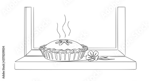 Freshly Baked Pie with Steam and Flower on Windowsill, Line Art
