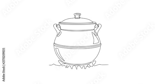 Cooking pot with lid on gas stove, continuous line drawing, isolated on transparent background