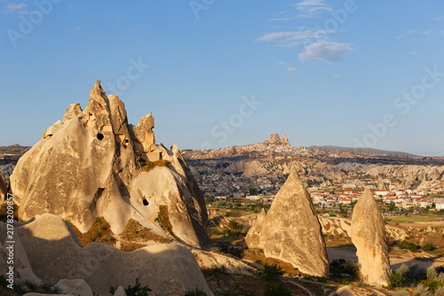 Turkey, Cappadocia, fairy chimneys at Goereme National Park in front of the villages Goereme and Uchisar