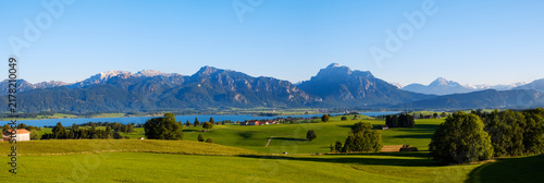 Germany, Bavaria, Swabia, Allgaeu, East Allgaeu, View from Ussenburg near Rosshaupten, Lake Forggensee and Ammergau Alps