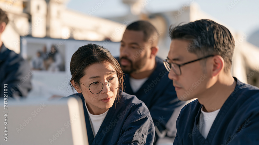 Obraz premium emergency medicine triage team tests a revised intake protocol at a sun-drenched outdoor field station, a family photo pinned to a briefing board behind them, faces concentrated