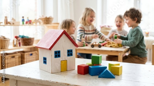 A wooden toy house and colorful blocks sit on a table while cheerful children play in a bright kindergarten classroom  fostering an atmosphere of early learning and shared creativity