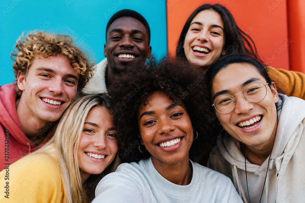 Fototapeta premium A group of diverse young adults are smiling and posing together in a brightly colored studio setting.
