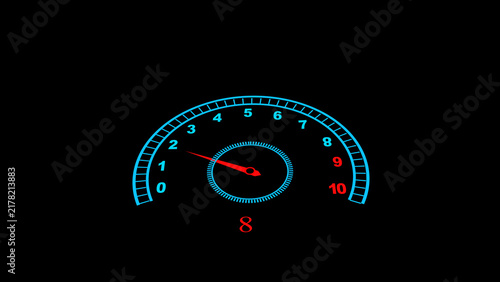 Obraz na plátně Bright Blue Tachometer Gauge with Red Needle at 8 on Black Background speedomete