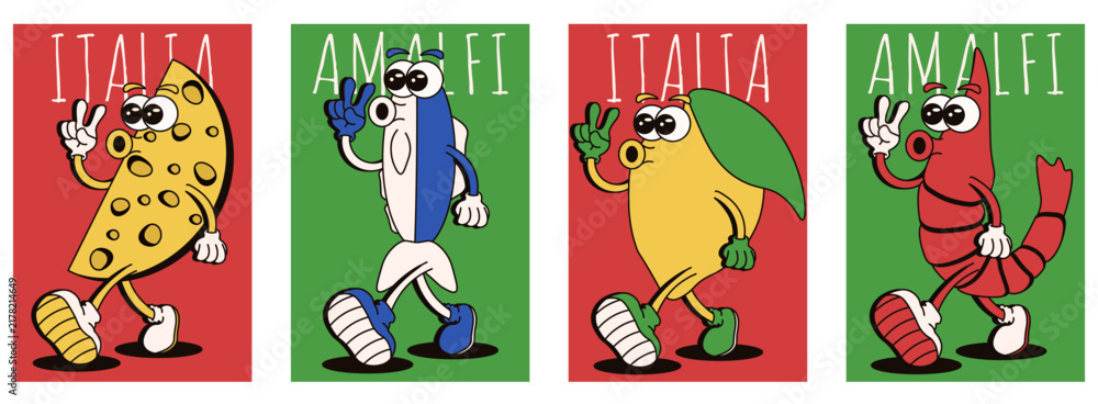 Fototapeta premium Food. Italy. Amalfi. Bon appetit poster cover template design. Vector illustration of shrimp cheese lemons and italian sardines. EPS 10