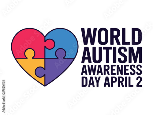 World autism awareness day graphic with colorful heart puzzle symbol with composed four interlocking