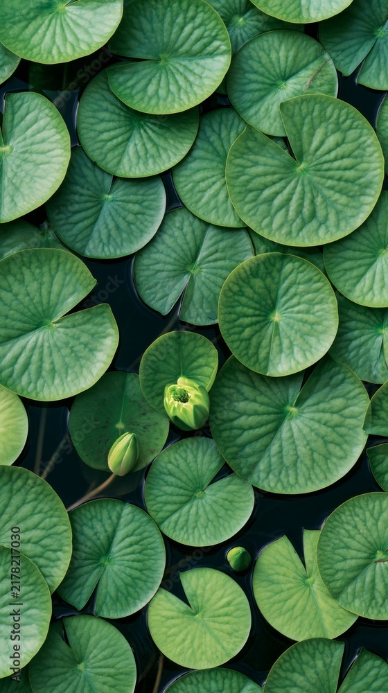Obraz premium Green lily pads floating on dark water surface