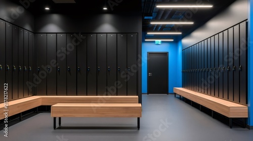 Modern locker room interior with black lockers and wooden benches