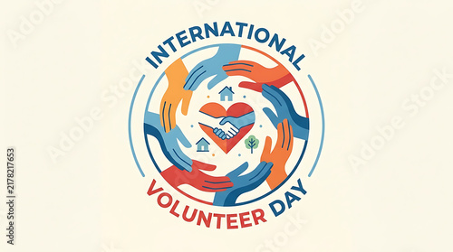 International volunteer day circular emblem with diverse hands forming a community circle around