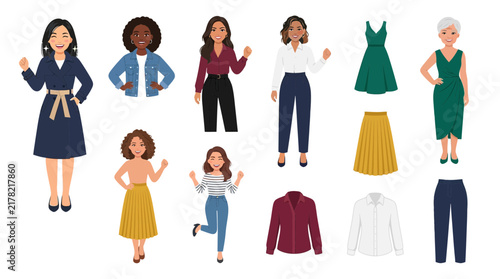 Diverse group of women characters with fashion outfits and clothing items collection set