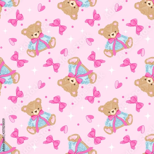 Coquette Teddy Bear Seamless Pattern with Bows and Hearts on Pink Background