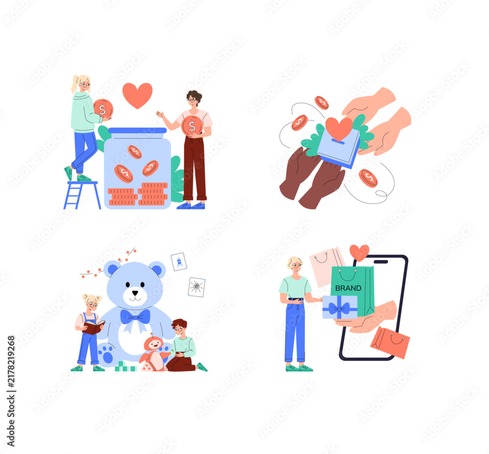 Fototapeta premium Charity and Online Shopping Vector Illustration Set