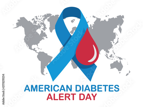 American diabetes alert day awareness graphic with blue ribbon and red blood drop icon concept