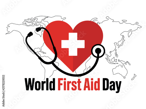 World first aid day vector graphic featuring a red heart with medical cross with stethoscope against global
