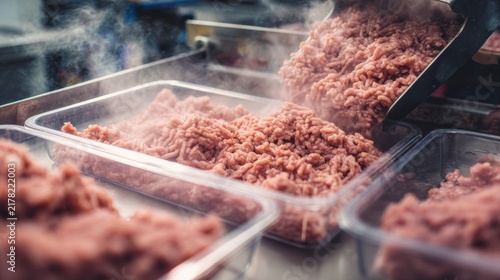 Ground Pork Pack Ground meat being scooped and portioned into plastic containers in a food processing setting.