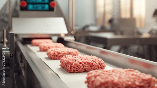 Ground Pork Pack Ground meat patties on a conveyor belt in a food processing plant, ready for packaging or further processing.